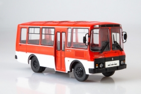 ПАЗ-3205 высокопольный автобус малого класса - красный/белый - №2 с журналом (+наклейка) 1:43