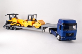 MAN F2000 седельный тягач + трал со строительной техникой - каток + асфальтоукладчик - синий металлик 1:43