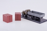 КрАЗ-257Б1 бортовой + два контейнера - хаки/серый/бордовый 1:43