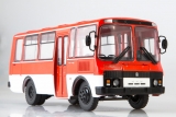 ПАЗ-3205 высокопольный автобус малого класса - красный/белый - №2 с журналом (+наклейка) 1:43