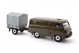 УАЗ-3741 фургон + прицеп бортовой сельскохозяйственный с тентом - хаки/серый 1:43