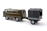 УАЗ-3741 фургон + прицеп бортовой сельскохозяйственный с тентом - хаки/серый/черный 1:43