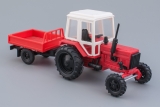 МТЗ-82 трактор + прицеп бортовой - пластик - красный/белый/красный 1:43